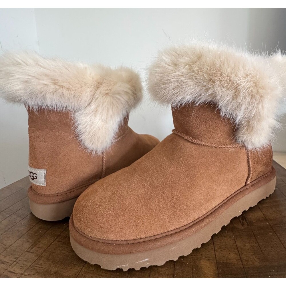 UGG Milla Fur Cuff Suede Boots Womens Size 8 Chestnut Sheepskin